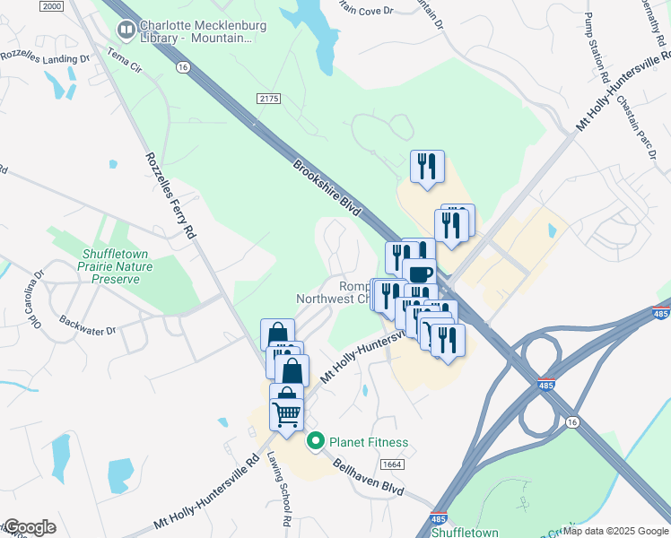 map of restaurants, bars, coffee shops, grocery stores, and more near 5108 Rocky Branch Drive in Charlotte