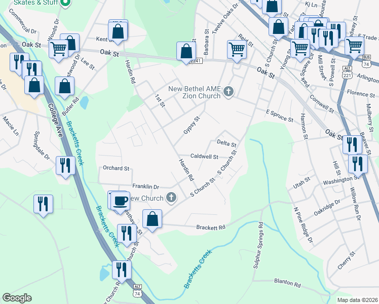 map of restaurants, bars, coffee shops, grocery stores, and more near 204 Caldwell Street in Forest City