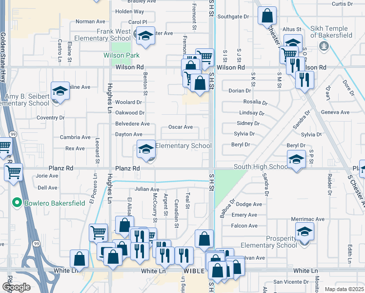 map of restaurants, bars, coffee shops, grocery stores, and more near 1901 Lacey St in Bakersfield