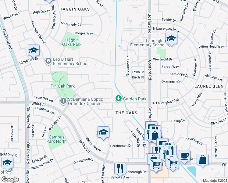 map of restaurants, bars, coffee shops, grocery stores, and more near 3204 Timberspire Street in Bakersfield