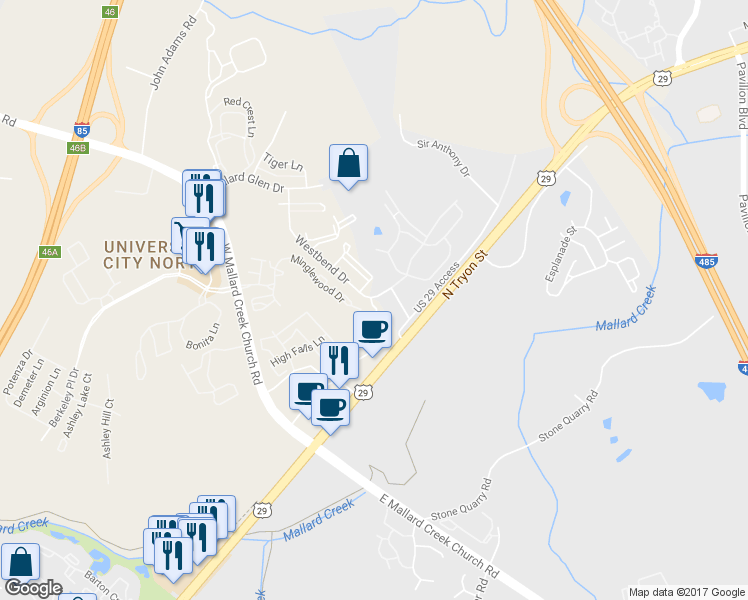 map of restaurants, bars, coffee shops, grocery stores, and more near 351 Westbend Dr in Charlotte