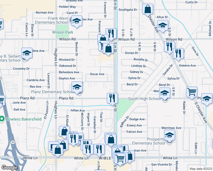 map of restaurants, bars, coffee shops, grocery stores, and more near 1801 Lacey Street in Bakersfield