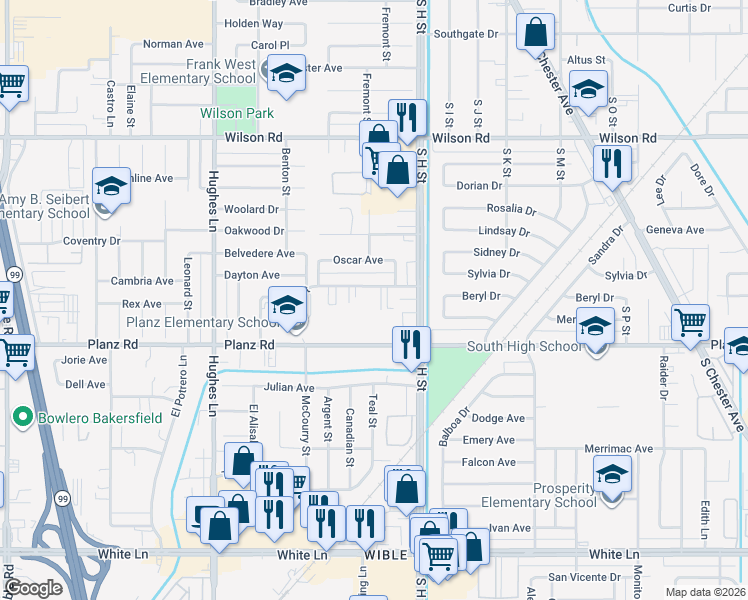 map of restaurants, bars, coffee shops, grocery stores, and more near 1901 Lacey Street in Bakersfield