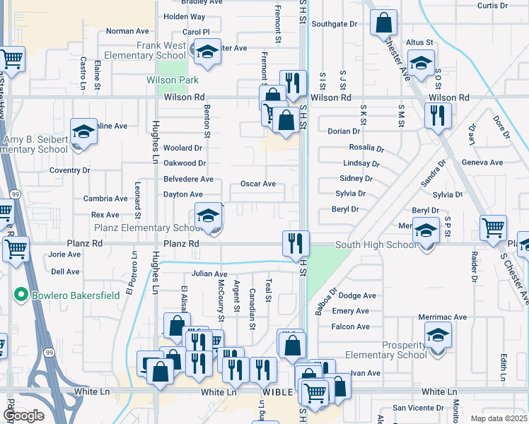 map of restaurants, bars, coffee shops, grocery stores, and more near 1901 Lacey Street in Bakersfield