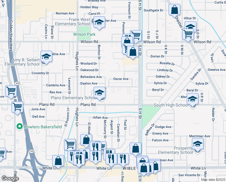 map of restaurants, bars, coffee shops, grocery stores, and more near 2003 Lacey Street in Bakersfield