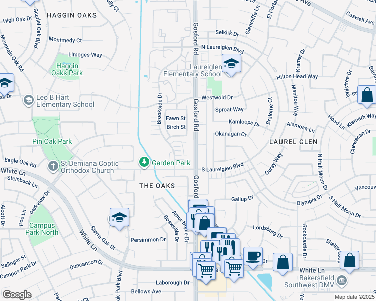 map of restaurants, bars, coffee shops, grocery stores, and more near 3116 Gosford Road in Bakersfield