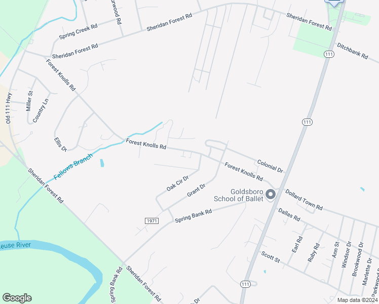 map of restaurants, bars, coffee shops, grocery stores, and more near 307 Forest Knolls Road in Goldsboro