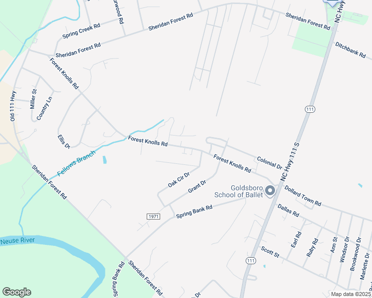 map of restaurants, bars, coffee shops, grocery stores, and more near 307 Forest Knolls Road in Goldsboro