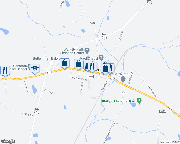 map of restaurants, bars, coffee shops, grocery stores, and more near 509 Carthage Street in Cameron
