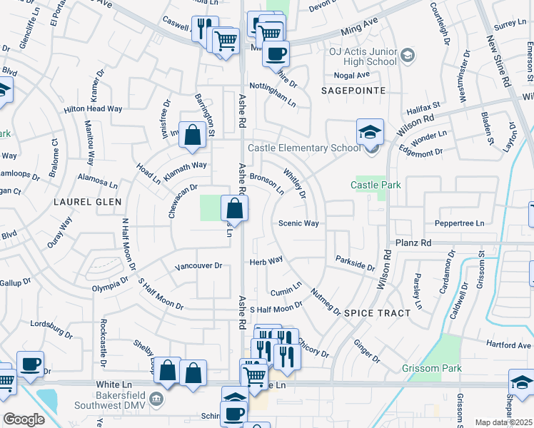map of restaurants, bars, coffee shops, grocery stores, and more near 6504 Edgemont Drive in Bakersfield