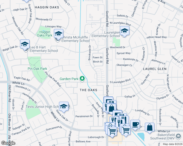 map of restaurants, bars, coffee shops, grocery stores, and more near 3115 Brookside Drive in Bakersfield