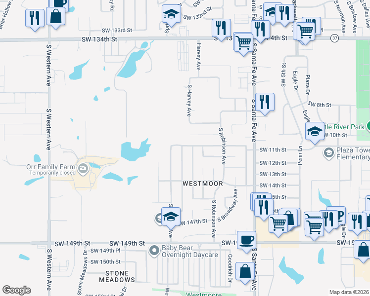 map of restaurants, bars, coffee shops, grocery stores, and more near 14200 Harli Lane in Oklahoma City