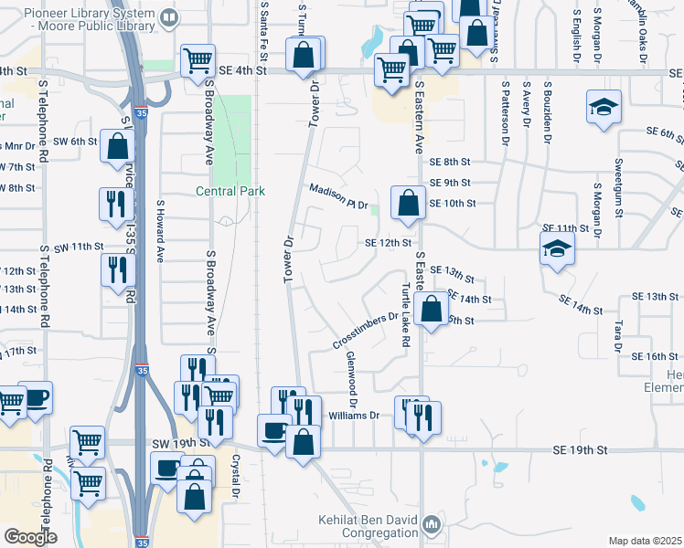 map of restaurants, bars, coffee shops, grocery stores, and more near 517 Stoneridge Drive in Moore