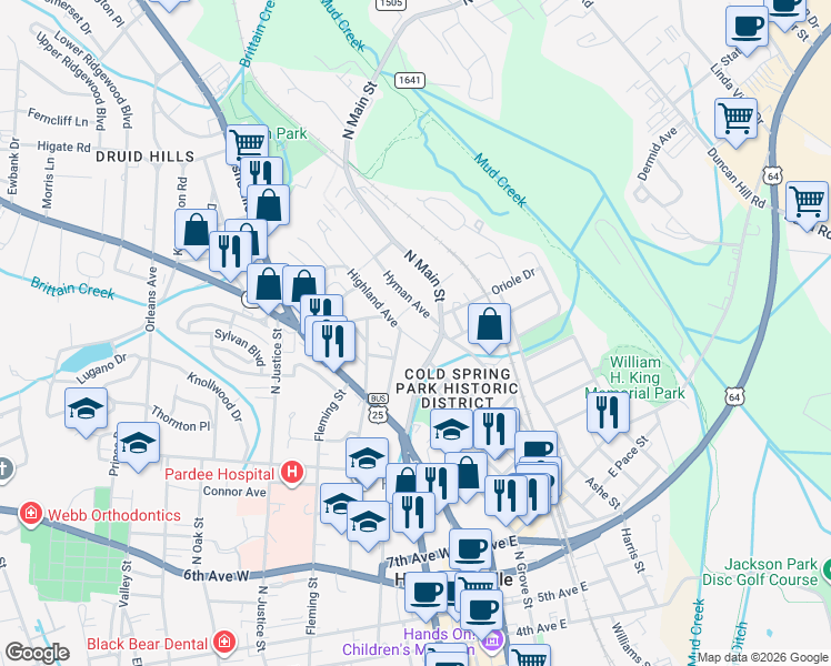map of restaurants, bars, coffee shops, grocery stores, and more near 1126 Highland Avenue in Hendersonville