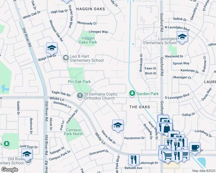 map of restaurants, bars, coffee shops, grocery stores, and more near 3200 Bridlewood Court in Bakersfield