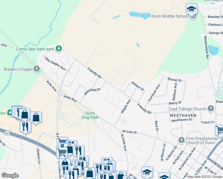 map of restaurants, bars, coffee shops, grocery stores, and more near 322 Village Square Drive in Dunn
