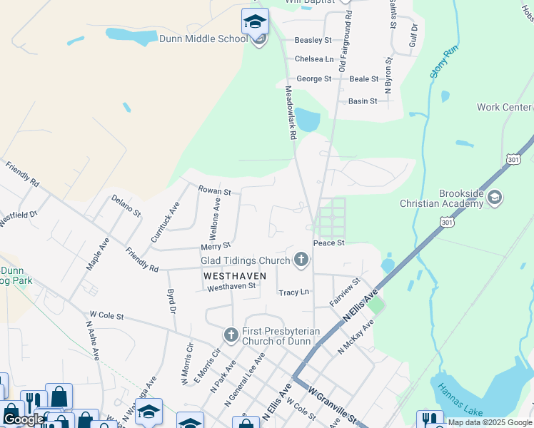 map of restaurants, bars, coffee shops, grocery stores, and more near 108 Webster Drive in Dunn
