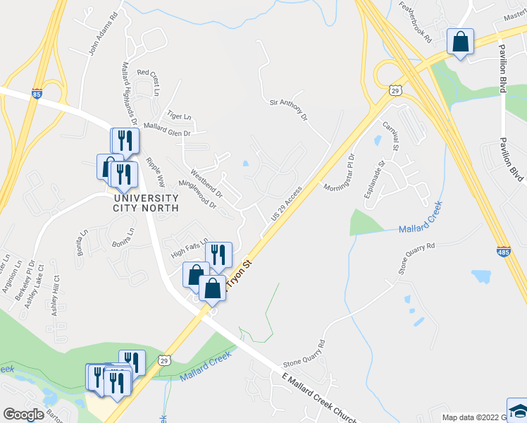 map of restaurants, bars, coffee shops, grocery stores, and more near 104 Heritage Pointe Road in Charlotte