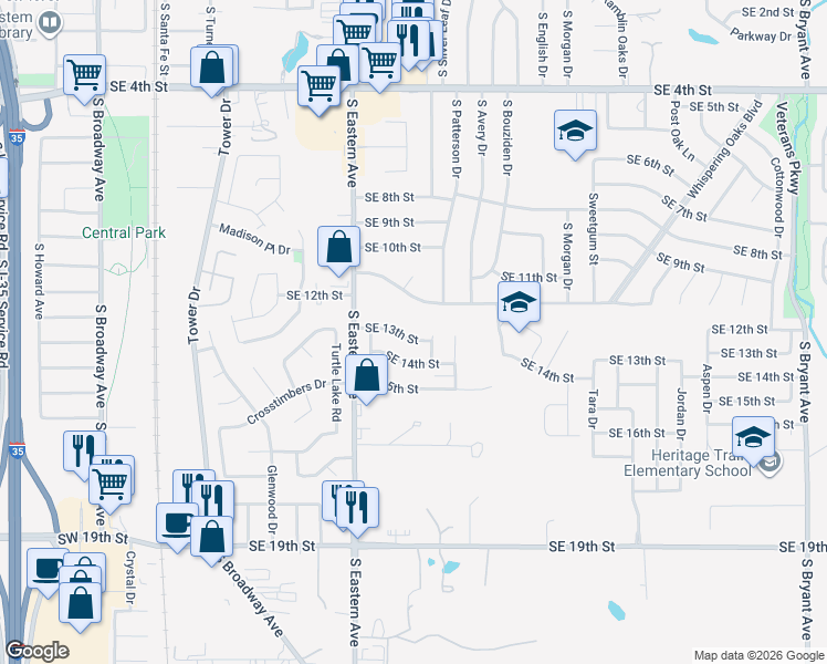map of restaurants, bars, coffee shops, grocery stores, and more near 901 Southeast 13th Street in Moore