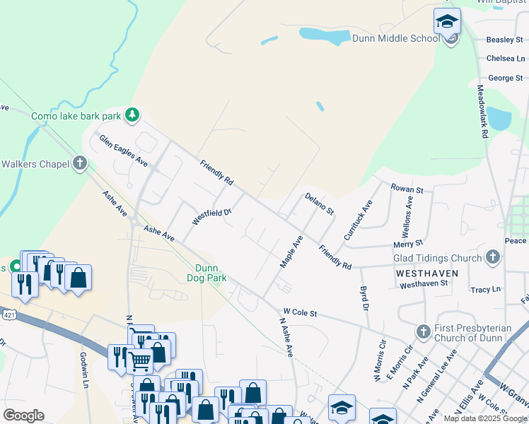 map of restaurants, bars, coffee shops, grocery stores, and more near 1611 Friendly Rd in Dunn