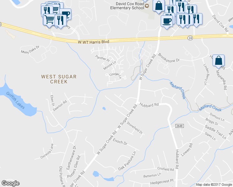 map of restaurants, bars, coffee shops, grocery stores, and more near 8434 Blue Aster Lane in Charlotte