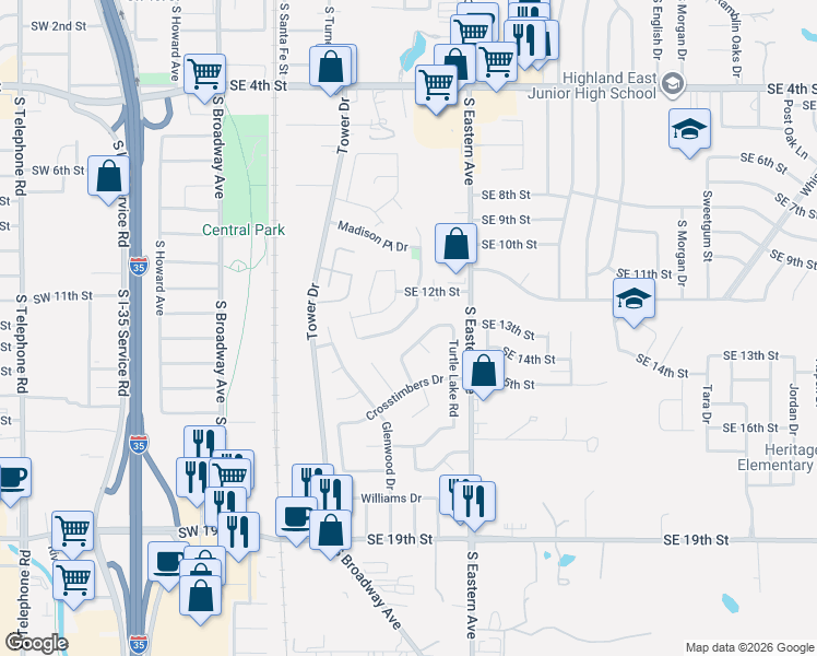 map of restaurants, bars, coffee shops, grocery stores, and more near 713 Saint Charles Street in Moore