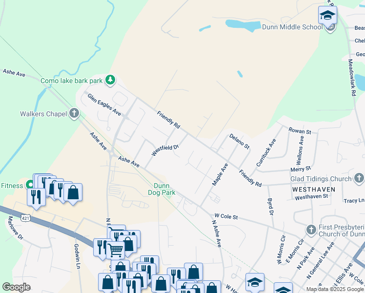 map of restaurants, bars, coffee shops, grocery stores, and more near 304 Westfield Drive in Dunn