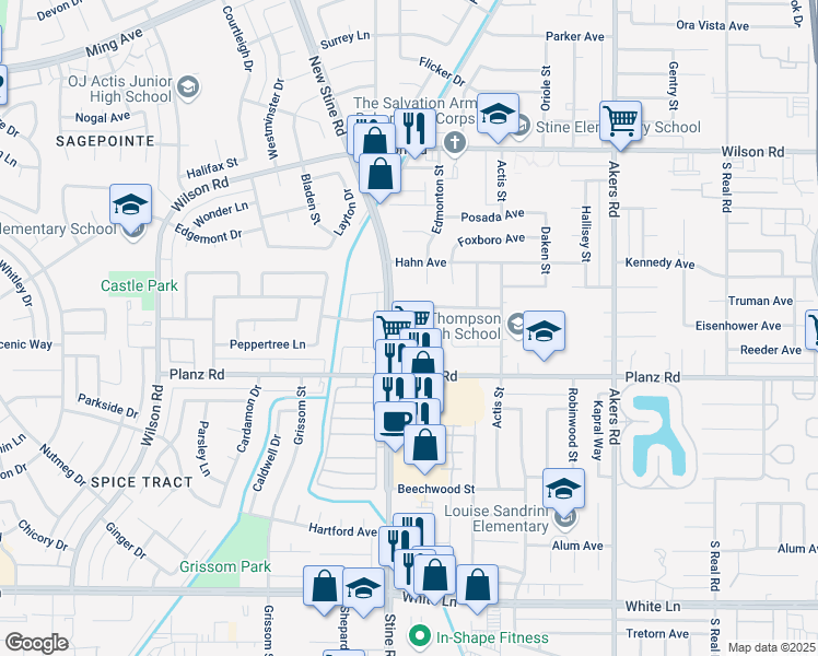 map of restaurants, bars, coffee shops, grocery stores, and more near 4801 Appleblossom Drive in Bakersfield