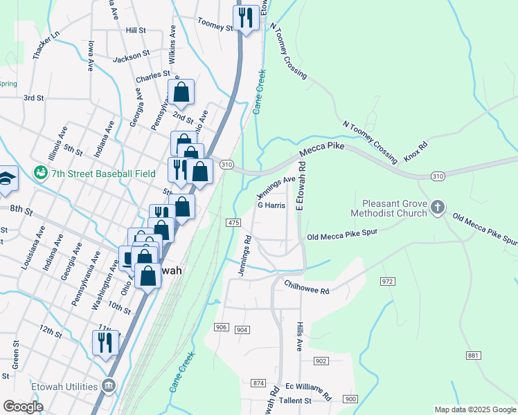 map of restaurants, bars, coffee shops, grocery stores, and more near 100 County Road 497 in Etowah