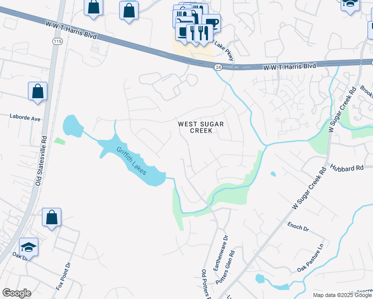 map of restaurants, bars, coffee shops, grocery stores, and more near 7615 Eben Drive in Charlotte