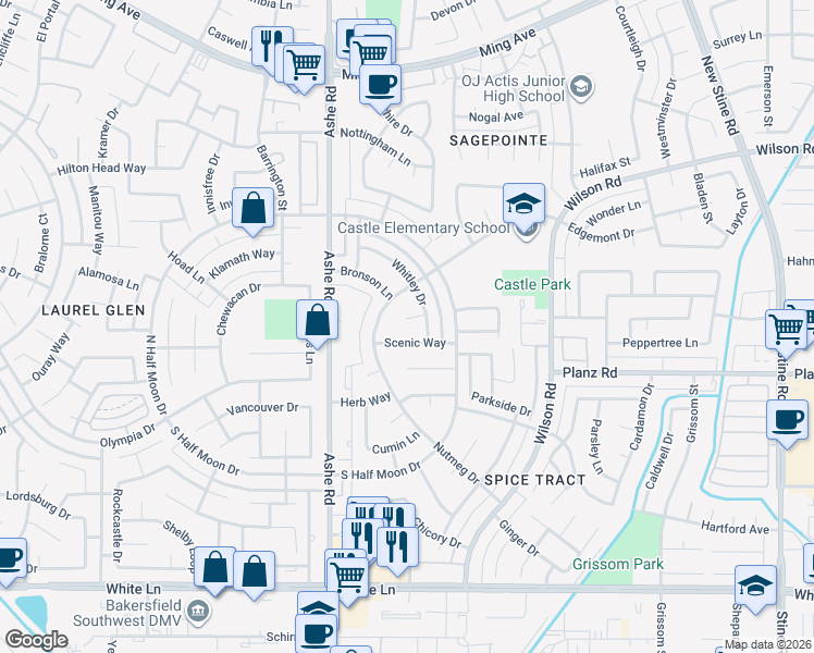 map of restaurants, bars, coffee shops, grocery stores, and more near 6209 Whitley Court in Bakersfield
