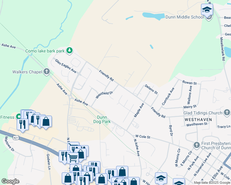 map of restaurants, bars, coffee shops, grocery stores, and more near 304 Westfield Drive in Dunn