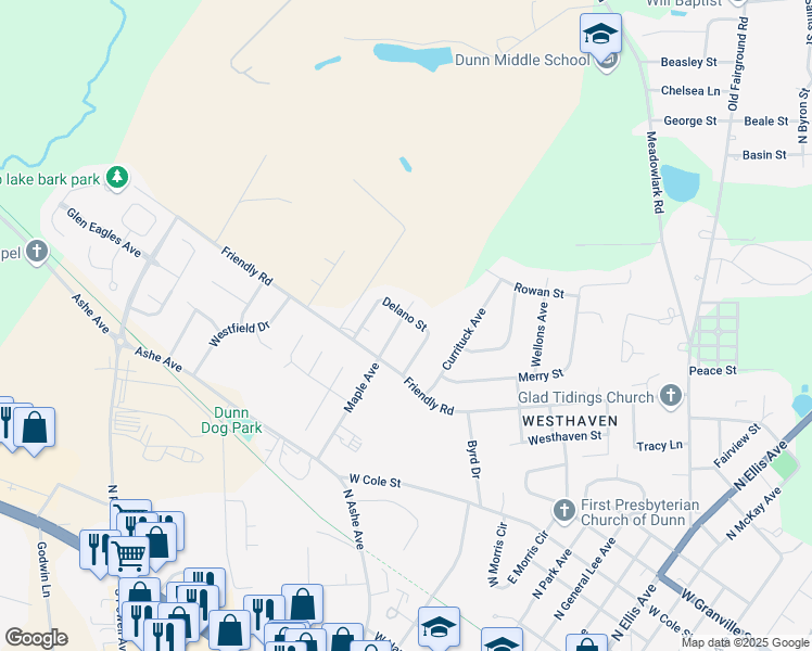 map of restaurants, bars, coffee shops, grocery stores, and more near 808 Maple Avenue in Dunn