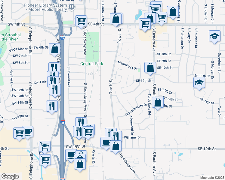 map of restaurants, bars, coffee shops, grocery stores, and more near 1209 Glenwood Drive in Moore