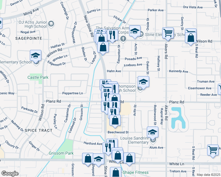 map of restaurants, bars, coffee shops, grocery stores, and more near in Bakersfield