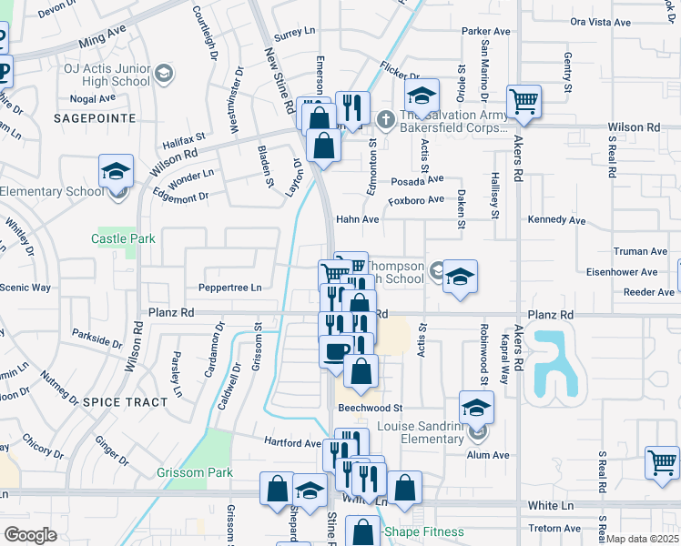 map of restaurants, bars, coffee shops, grocery stores, and more near in Bakersfield