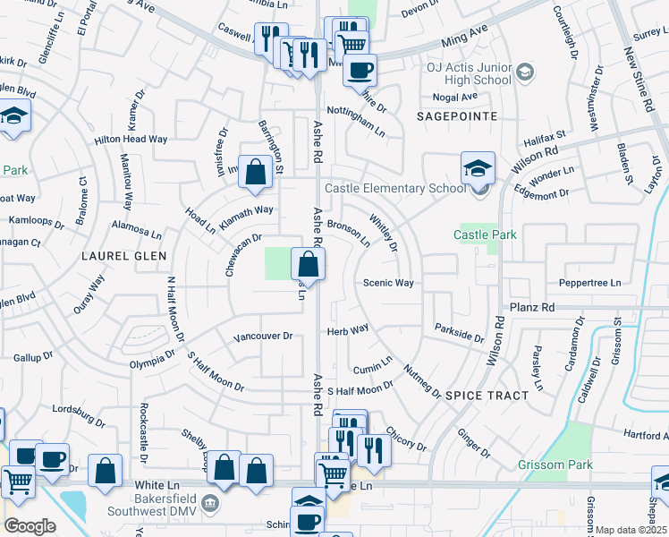 map of restaurants, bars, coffee shops, grocery stores, and more near 6504 Edgemont Drive in Bakersfield