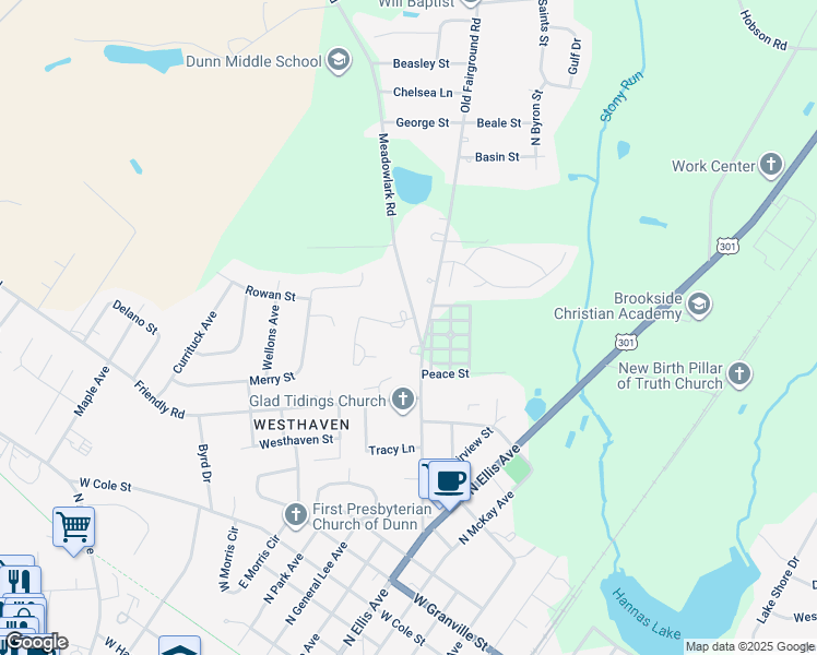 map of restaurants, bars, coffee shops, grocery stores, and more near 1007 Webster Drive in Dunn