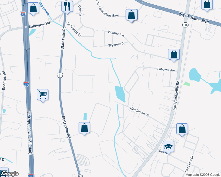 map of restaurants, bars, coffee shops, grocery stores, and more near 5628 Henderson Oaks Drive in Charlotte