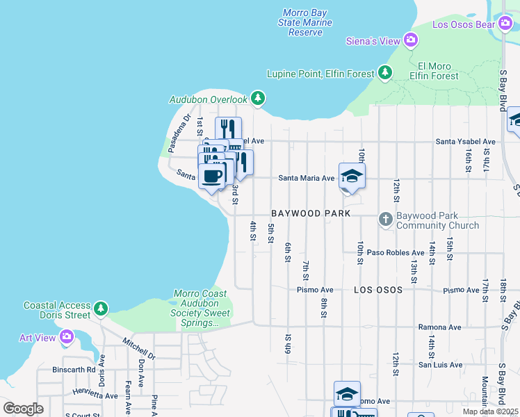 map of restaurants, bars, coffee shops, grocery stores, and more near 1390 4th Street in Baywood-Los Osos