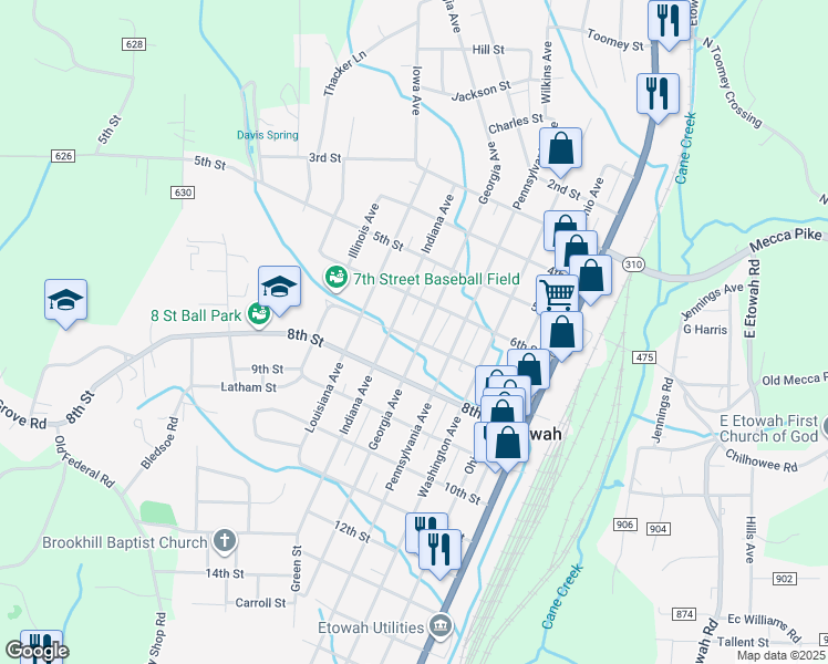 map of restaurants, bars, coffee shops, grocery stores, and more near 628 Georgia Avenue in Etowah