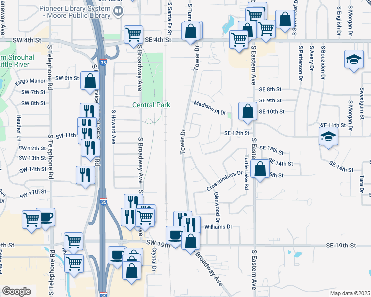 map of restaurants, bars, coffee shops, grocery stores, and more near 1209 Glenwood Drive in Moore