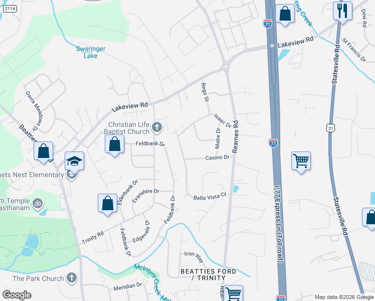map of restaurants, bars, coffee shops, grocery stores, and more near 8212 Bella Vista Court in Charlotte