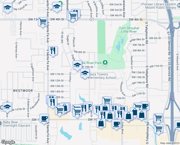 map of restaurants, bars, coffee shops, grocery stores, and more near 852 Southwest 11th Street in Moore