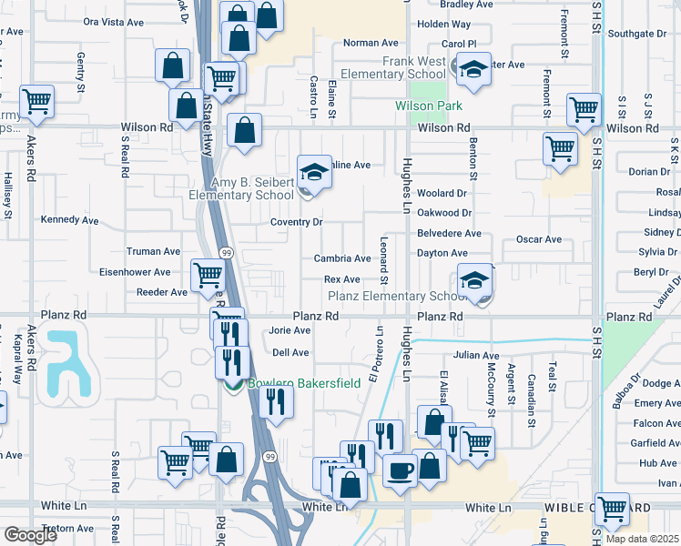 map of restaurants, bars, coffee shops, grocery stores, and more near 2720 Rex Avenue in Bakersfield