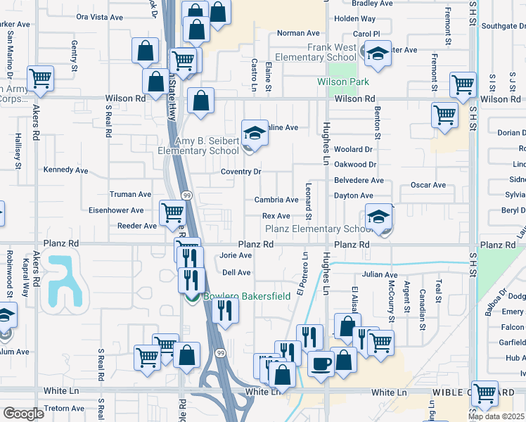 map of restaurants, bars, coffee shops, grocery stores, and more near 2814 Rex Avenue in Bakersfield