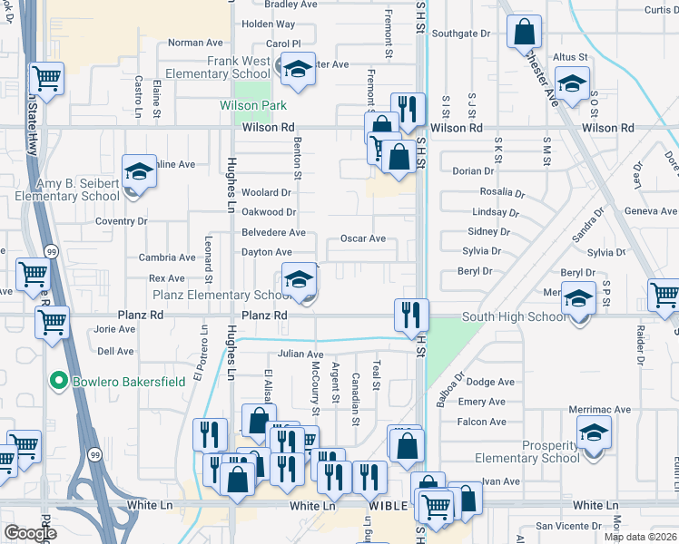 map of restaurants, bars, coffee shops, grocery stores, and more near 2003 Lacey Street in Bakersfield