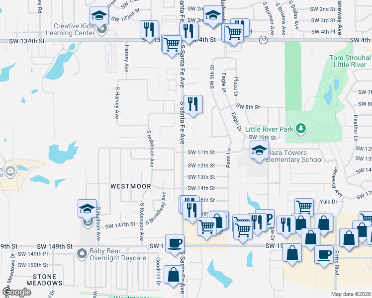 map of restaurants, bars, coffee shops, grocery stores, and more near 1025 Southwest 11th Street in Moore