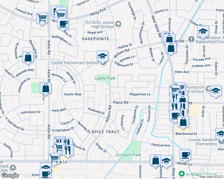map of restaurants, bars, coffee shops, grocery stores, and more near 5717 Briarwood Lane in Bakersfield