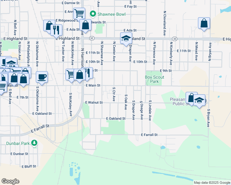 map of restaurants, bars, coffee shops, grocery stores, and more near 119 South Center Street in Shawnee